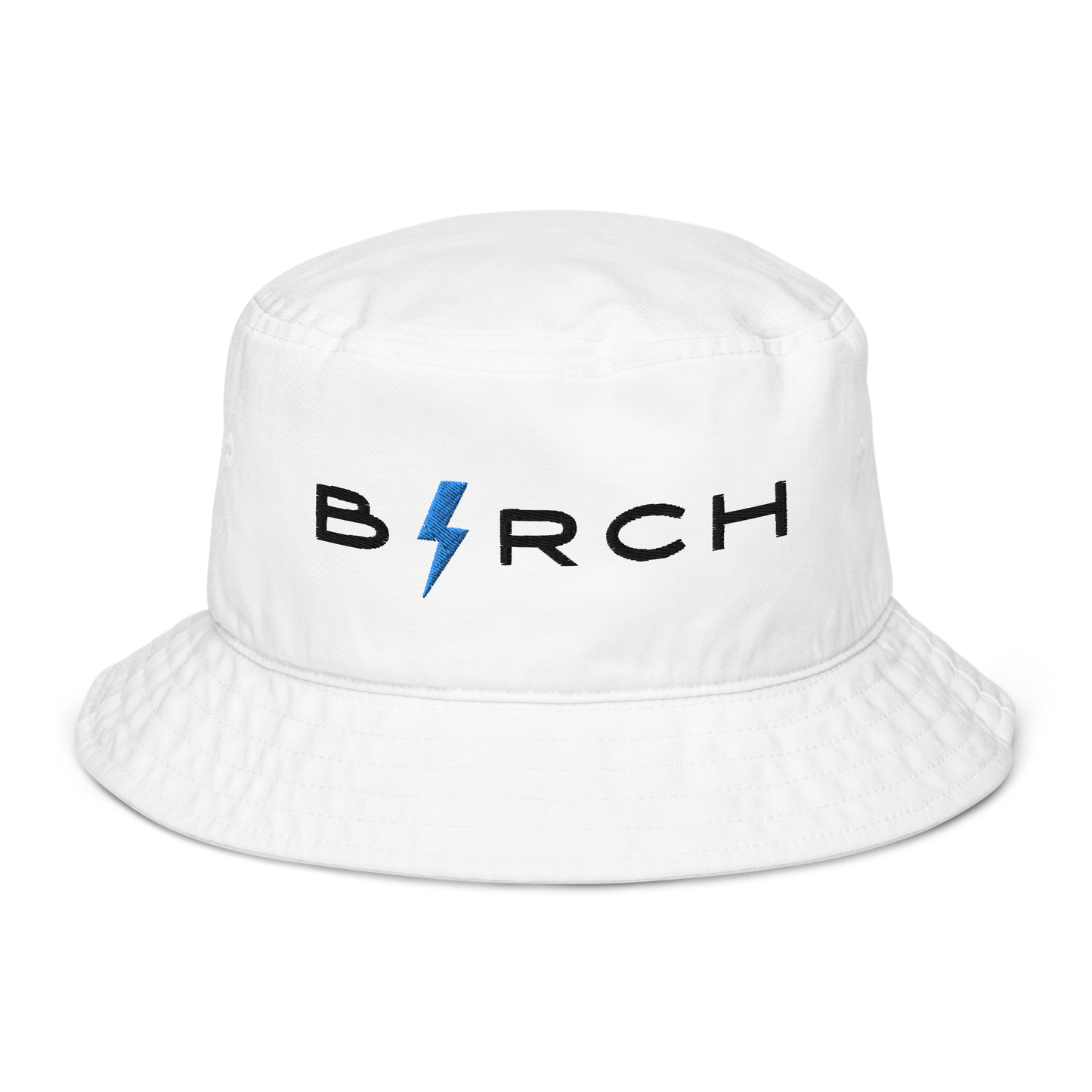 White Bucket Hat -  Blue Lightning Bolt Design